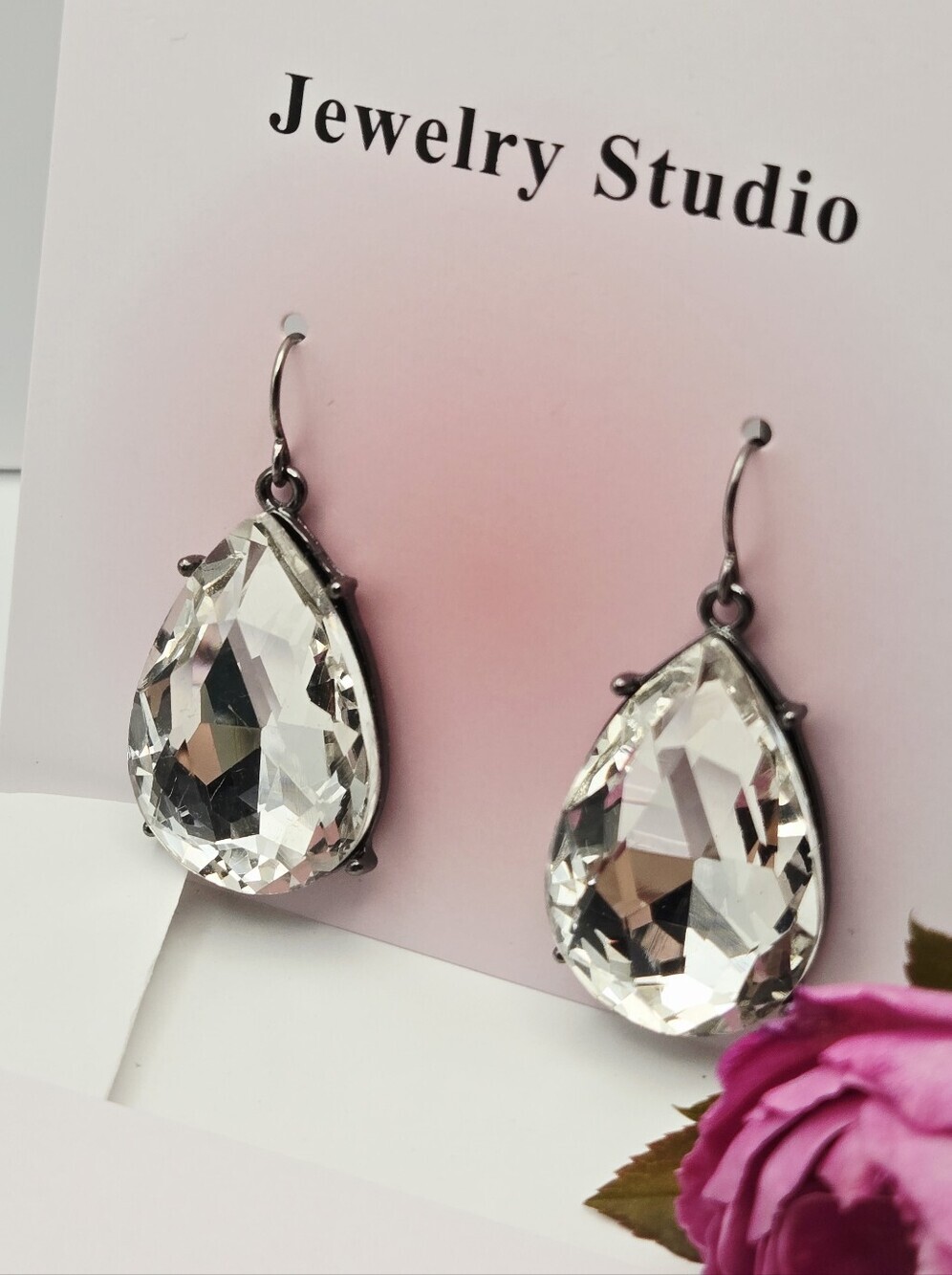 Fashion Jewelry Clear Teardrop Dangle & Clear Stud Glass Stone Earring Set Of 2 - Picture 14 of 16
